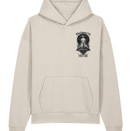 Beige hoodie with a black graphic design on a white background
