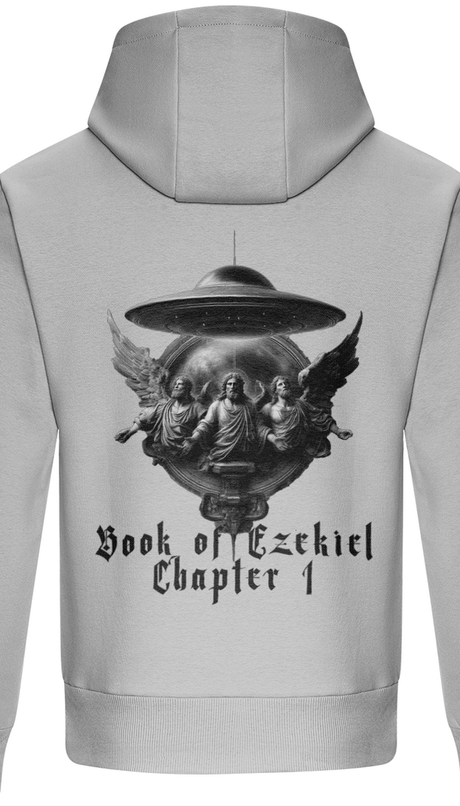 Gray hoodie with a graphic design on the back featuring a UFO and text 'Book of Ezekiel Chapter 1'.