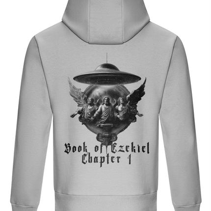 Gray hoodie with a graphic design on the back featuring a UFO and text 'Book of Ezekiel Chapter 1'.