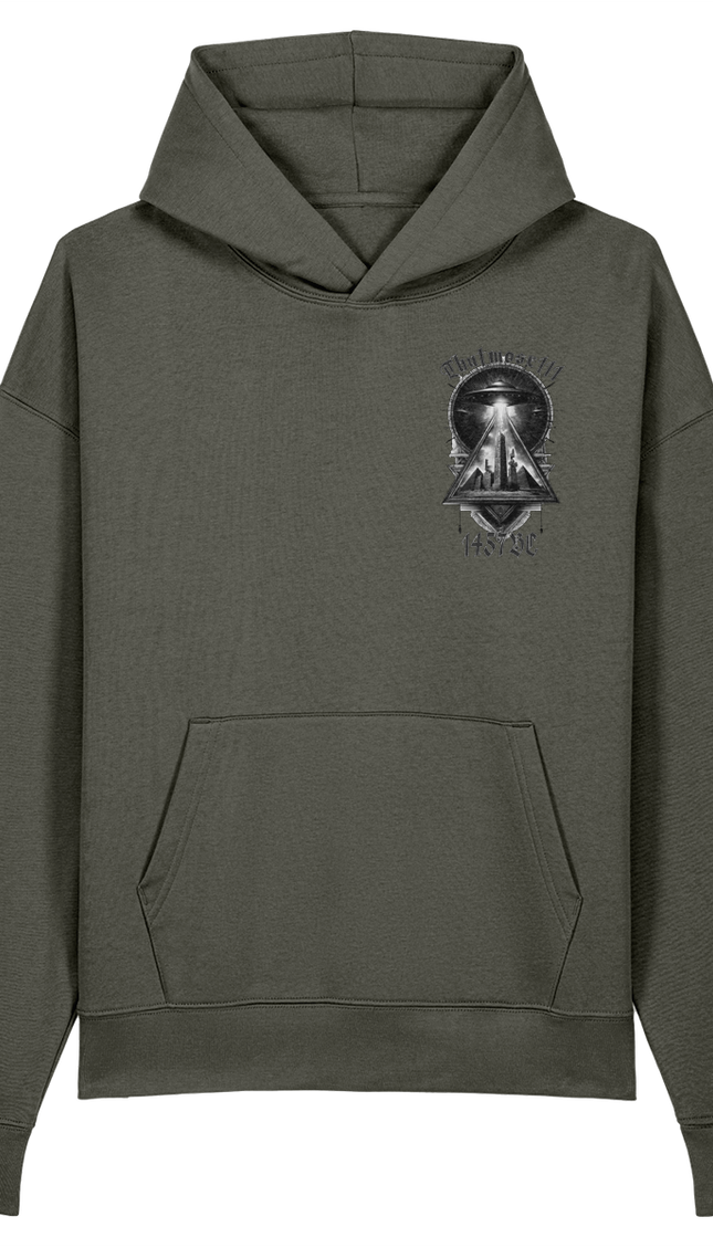 Green hoodie with a graphic design on the chest against a white background