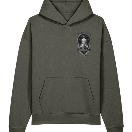 Green hoodie with a graphic design on the chest against a white background