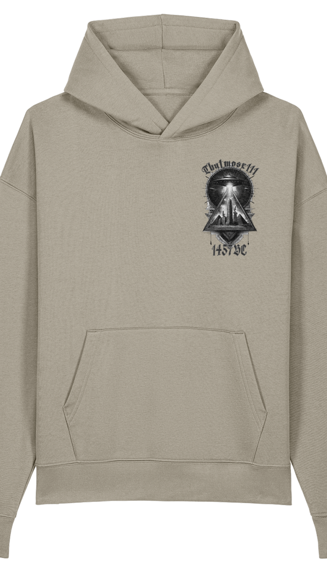 Beige hoodie with a graphic design on the chest against a white background
