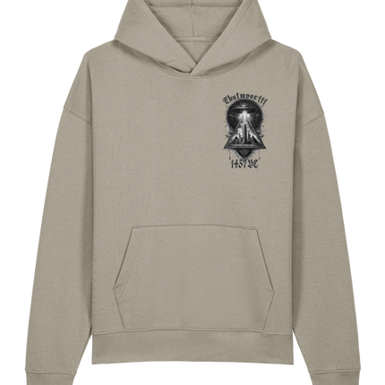 Beige hoodie with a graphic design on the chest against a white background