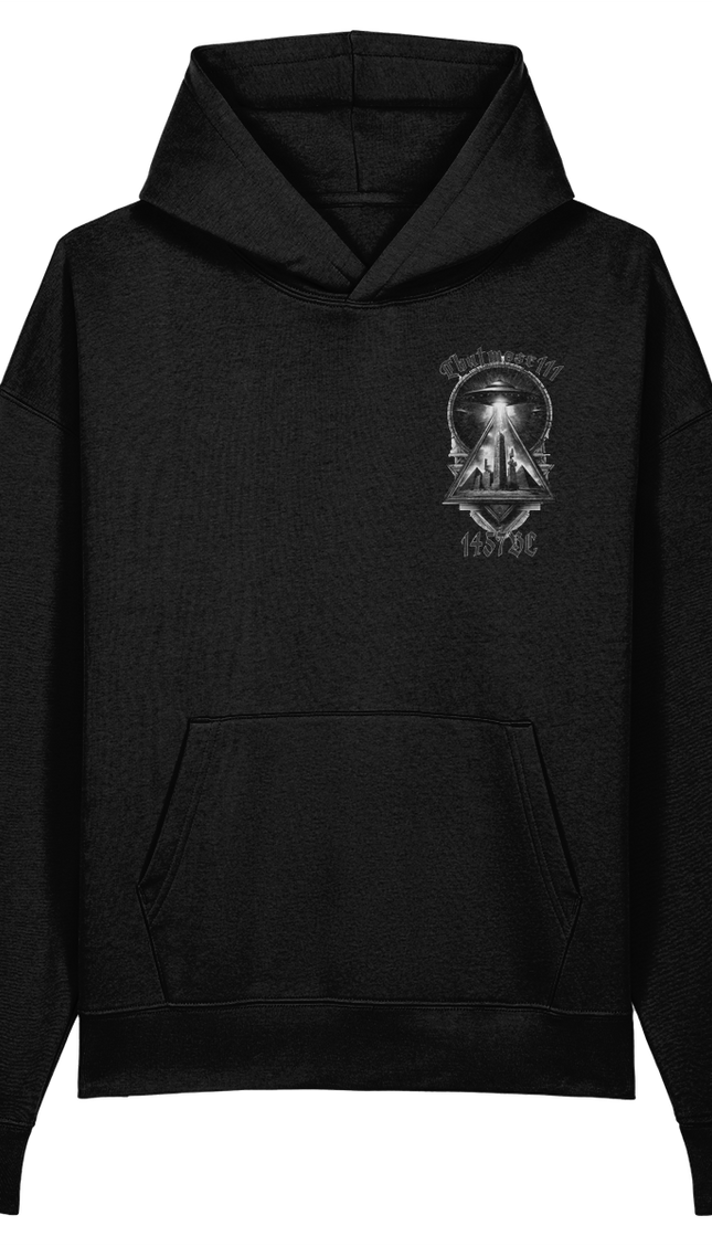 Black hoodie with a graphic design on the chest against a white background