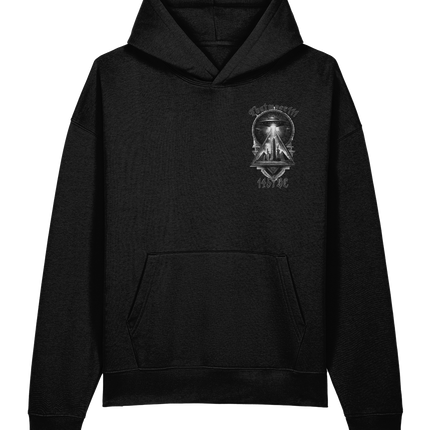 Black hoodie with a graphic design on the chest against a white background