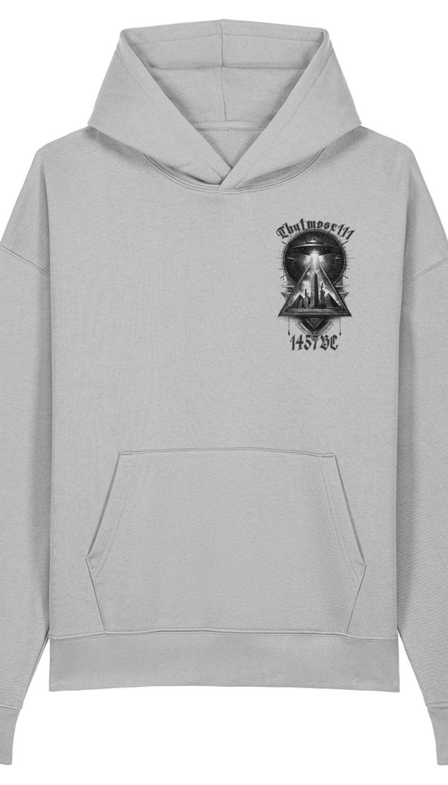 Gray hoodie with a black graphic design on a white background