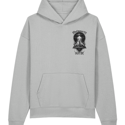 Gray hoodie with a black graphic design on a white background