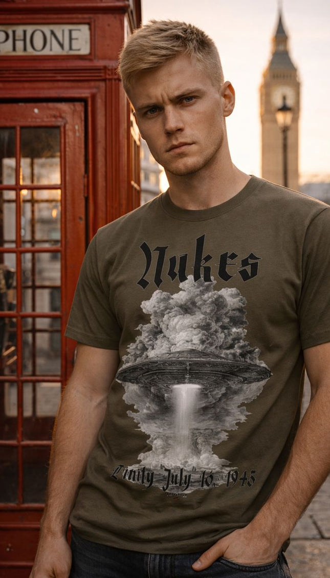 Man wearing a t-shirt with a graphic design in front of a telephone booth and Big Ben.